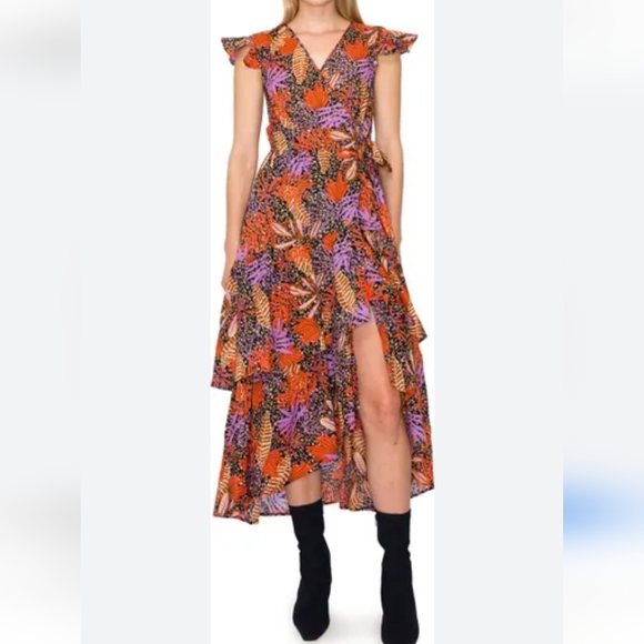 MELLODAY Dresses & Skirts - Melloday Floral Print Flutter Sleeve Faux Wrap Midi Dress